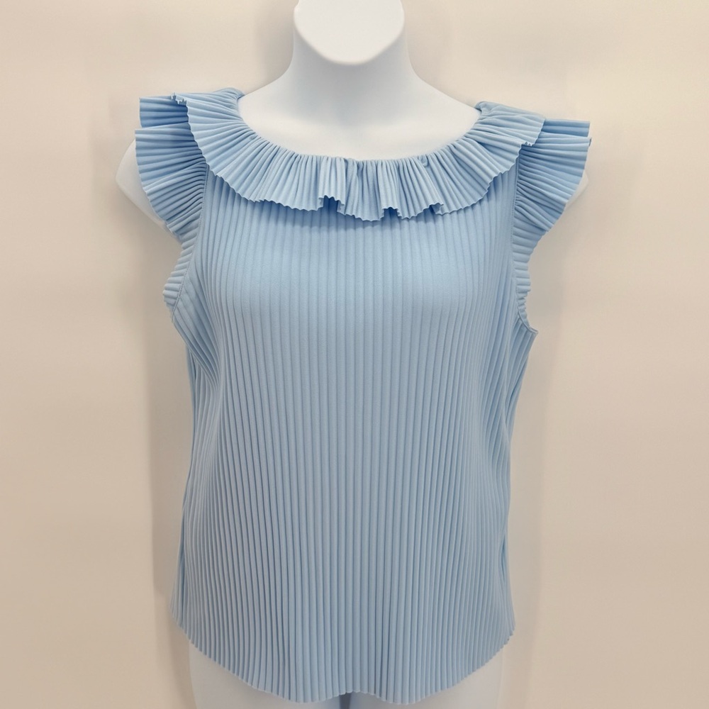 NWT Marc New York Pleated Ruffle Neck Sleeveless Top | Light Blue Size Large